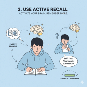 An illustration titled "2. USE ACTIVE RECALL: ACTIVATE YOUR BRAIN. REMEMBER MORE." It contrasts two study methods. On the left, a person is passively reading a book, depicted with a less active brain icon above them. On the right, the same person is shown actively trying to recall information, with a more engaged brain icon and a speech bubble suggesting "Self-Test! Flashcards! Summarize!" A progress bar below the active recall side indicates "EASIER TO REMEMBER."