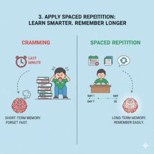 An illustration titled "3. APPLY SPACED REPETITION: LEARN SMARTER. REMEMBER LONGER." It's divided into two sections. The left section, labeled "CRAMMING," shows a stressed person surrounded by a stack of books, with an alarm clock indicating "LAST MINUTE." An arrow points to a brain icon labeled "SHORT-TERM MEMORY. FORGET FAST." The right section, labeled "SPACED REPETITION," shows a calm person studying at a desk, with icons of a calendar, notepad, and refresh symbol above. A timeline beneath them shows study points from "DAY 1" to "DAY 30," and an arrow points to a brain icon labeled "LONG-TERM MEMORY. REMEMBER EASILY."