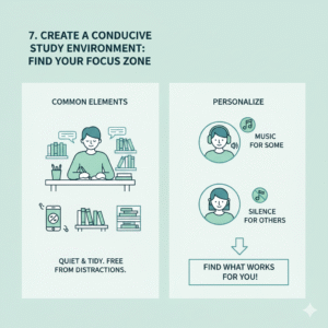7. Create a Conducive Study Environment When studying it is important that you study in a conducive environment. Study in a quiet place that's free from distractions, ensure you stay away from your phone when studying and also study I'm a clean and healthy environment. Now when we talk of conducive study environment it may differ from person to person. Some people might prefer listening to music which might be like a distraction to someone else. So you just need to find what works for you and continue doing it.