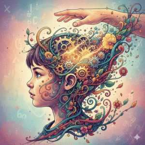 Illustration of a child's head filled with gears, colorful thought bubbles, and growing plants, symbolizing mind-shaping by a teacher's guiding hand.