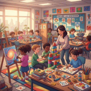 A vibrant classroom where children are engaged in various creative activities like painting and building, fostered by a supportive teacher.