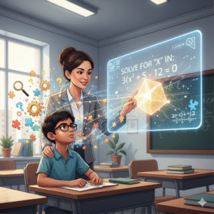 A student deep in thought, surrounded by symbols of critical thinking like question marks and magnifying glasses, guided by a teacher.