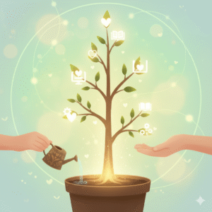 Stylized image of a growing plant representing personal growth, with a teacher's hands gently nurturing its development.
