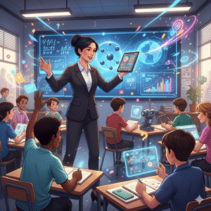 A teacher skillfully navigating a dynamic classroom with multiple simultaneous challenges, demonstrating adaptability and problem-solving.