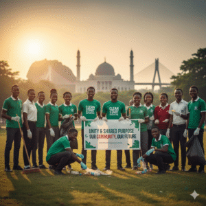 Nigerian students engaged in a community activity, symbolizing civic values and unity.