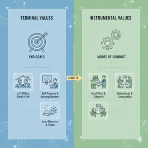 Infographic showing how instrumental values (actions) lead to terminal values (goals).