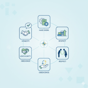 Five icons representing key civic values: honesty, hard work, respect, obedience, and unity.
