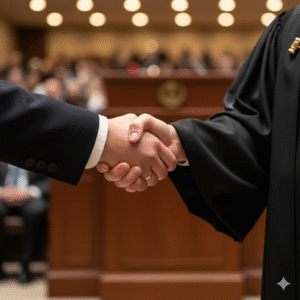 Two hands shaking, symbolizing a formal greeting or introduction