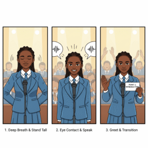 A sequence of images showing a student taking a breath, making eye contact, and transitioning to their debate points.