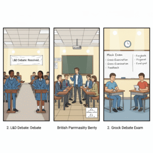 Images showing different debate formats: a traditional school hall, a university-style debate, and a classroom setting.