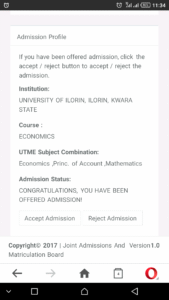 A screenshot of the page where you either choose to accept or reject admission