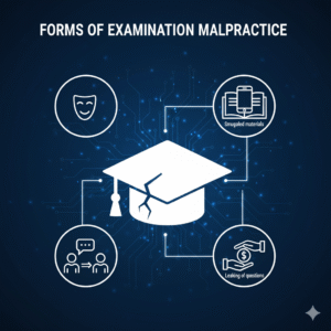 An infographic illustrating the common forms of examination malpractice, including impersonation, smuggling notes, and bribery.