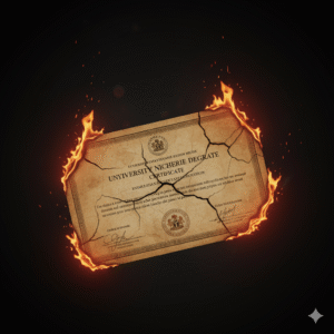 A burning and cracked university certificate, symbolizing the destructive effects of examination malpractice on Nigeria's education system.