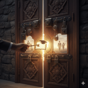 A hand holding a key (symbolizing education) opening a large door, revealing a bright path and symbolizing better job opportunities.