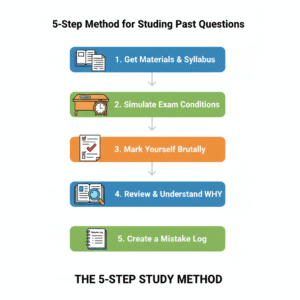 A clean, vertical infographic illustrating the '5-Step Method for Studying Past Questions.' Each step must have a simple icon and a short text label: Icon: A textbook and a syllabus document. Text: 'Get Materials & Syllabus' Icon: A desk with a timer/clock. Text: 'Simulate Exam Conditions' Icon: A test paper marked with a red pen and a score. Text: 'Mark Yourself Brutally' Icon: A textbook open with a magnifying glass. Text: 'Review & Understand WHY' Icon: An open notebook with the title 'Mistake Log'. Text: 'Create a Mistake Log'"