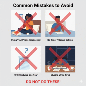 An illustration of four common mistakes when studying: using a phone, not using a timer, studying only one year, and studying while exhausted