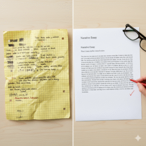 A split image. On one side, a crumpled, messy piece of paper with many crossed-out words and scribbles (representing a first draft). On the other side, a crisp, clean, perfectly typed document, with a red pen making a tiny, final checkmark. A pair of glasses rests on the clean document.