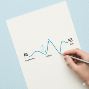 "A visually engaging infographic showing a narrative arc: a wavy line moving from 'Beginning' to 'Middle' to 'End' with small illustrative icons at each stage (e.g., a starting flag, a journey path, a finish line). A pencil is drawing this path on a blank page