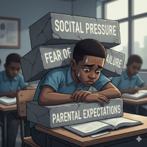 A symbolic image showing a student being crushed by blocks representing the causes of exam malpractice, such as societal pressure and fear of failure.