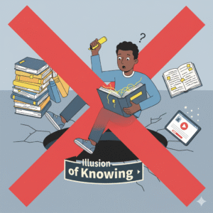An illustration of a student falling into a trap labeled 'Illusion of Knowing,' surrounded by symbols of passive study like highlighters and textbooks, depicting the pitfalls of passive recall