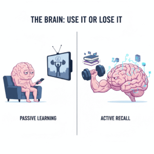 An illustration comparing the brain to a muscle, showing a weak brain with passive learning and a strong, active brain with active recall, emphasizing that active recall builds mental strength