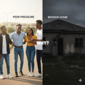 A split image showing peer pressure on one side and a desolate home on the other, representing key causes of cultism.