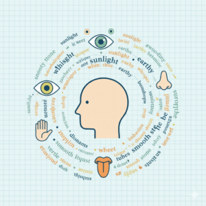 A whimsical illustration of a person's head with various sensory icons floating around it: an eye for sight, an ear for sound, a nose for smell, a tongue for taste, and a hand for touch. These icons are creatively integrated into a swirling flow of words, representing vivid details.