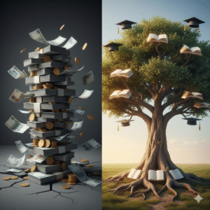 A visual contrast between an unstable stack of money and a firmly rooted tree with educational symbols, representing long-term stability through education.
