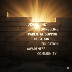 A strong wall being built with bricks labeled "Discipline," "Counseling," and "Awareness," symbolizing strategies to prevent cultism.
