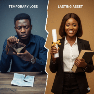 A side-by-side image showing someone upset over lost money and another person confident with their education, symbolizing the lasting value of knowledge.