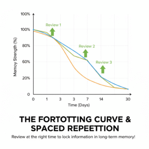 A graph of the Ebbinghaus forgetting curve, showing how spaced repetition reviews (booster arrows) prevent forgetting and build long-term memory