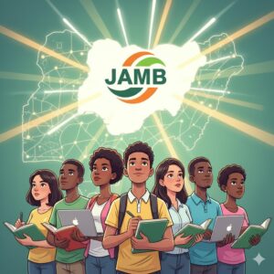 An illustration of diverse Nigerian students looking hopefully towards a glowing JAMB logo, symbolizing their academic aspirations and future opportunities